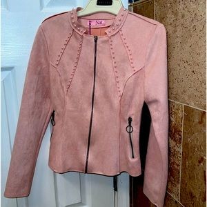 Nat Blush Pink Zip Up Faux Suede Fitted Blazer w/ Pink Pearl Accents - NWT